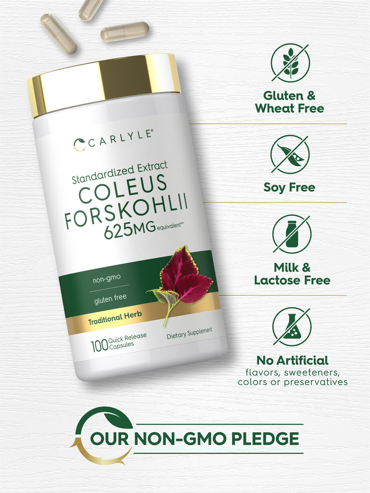 Carlyle Coleus Forskohlii 625MG bottle with icons indicating Gluten & Wheat Free, Soy Free, Milk & Lactose Free, No Artificial flavors, sweeteners, colors or preservatives, and Our Non-GMO Pledge