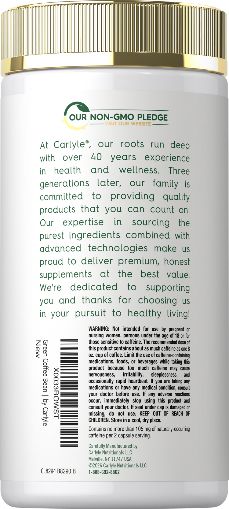 Back bottle label with Our Non-GMO Pledge, product information, warning, barcode, and distributor details.