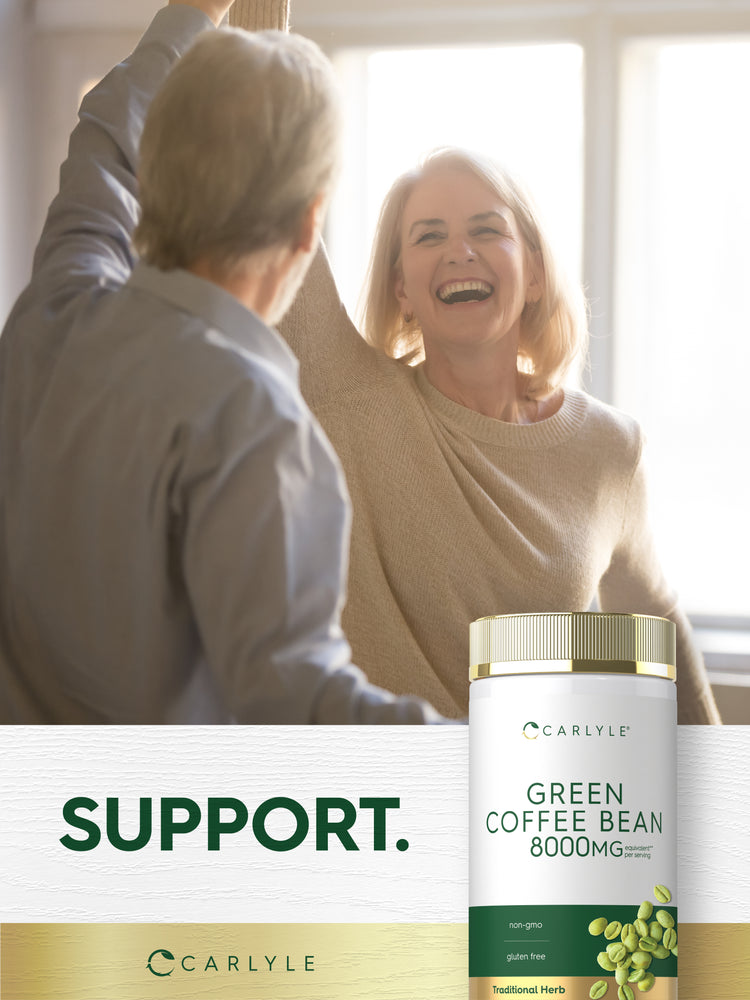 Lifestyle image of smiling older adults dancing with Green Coffee Bean 8000MG supplement bottle and graphic stating SUPPORT