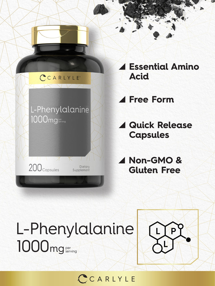 Product graphic for Carlyle L-Phenylalanine 1000 mg, 200 capsules, stating Essential Amino Acid, Free Form, Quick Release Capsules, and Non-GMO & Gluten Free.