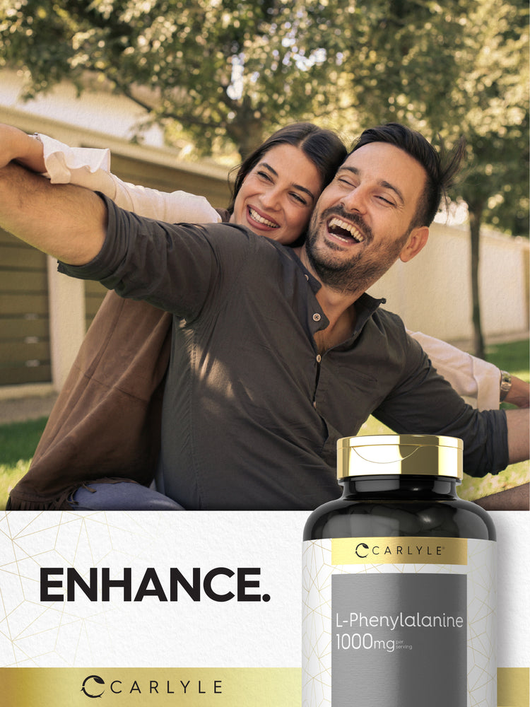Lifestyle image of a smiling couple outdoors with Carlyle L-Phenylalanine 1000 mg supplement bottle and graphic stating ENHANCE.