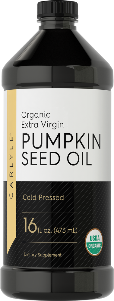 This is a 16 fl. oz. (473 mL) bottle of organic extra virgin pumpkin seed oil.