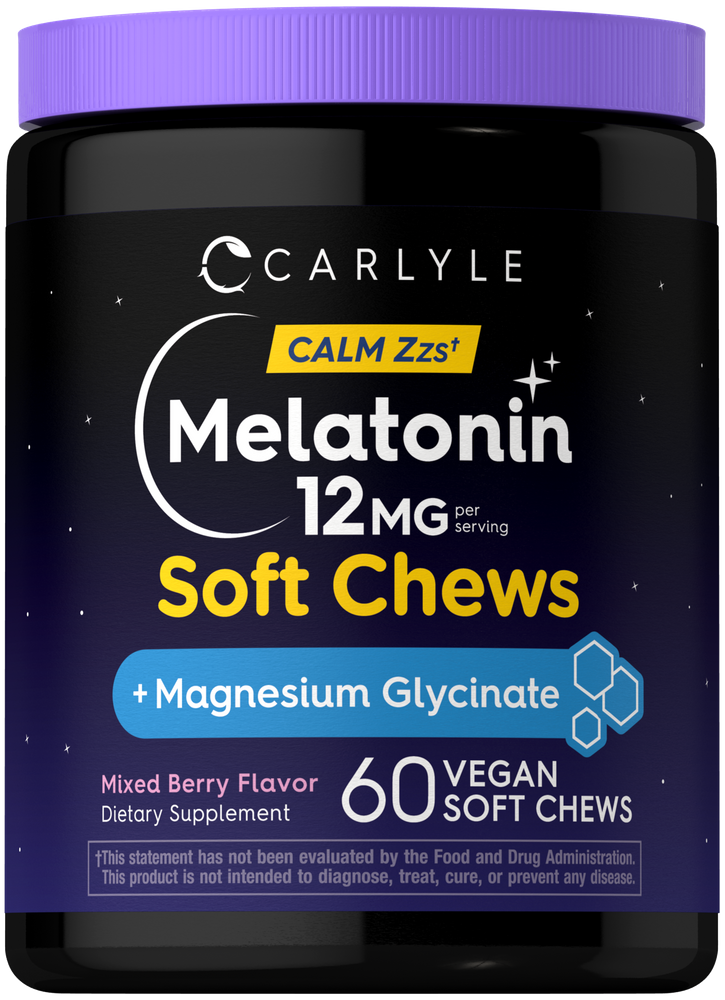 Carlyle Melatonin 12MG Soft Chews with Magnesium Glycinate in Mixed Berry Flavor, 60 Vegan Soft Chews.