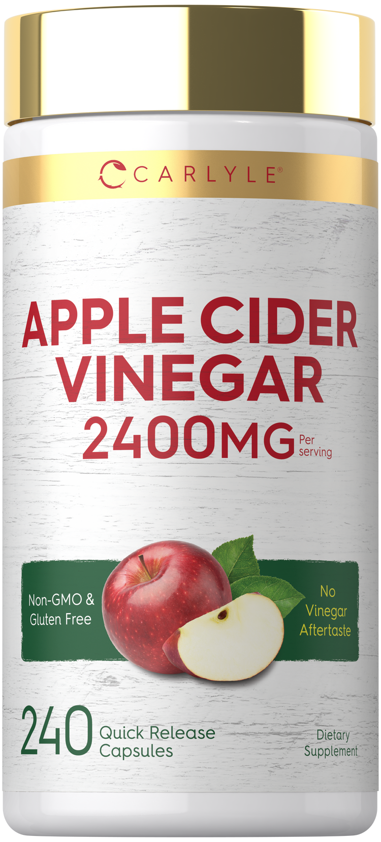 Carlyle Apple Cider Vinegar, 2400mg per serving, 240 capsules. Non-GMO, gluten-free, with no vinegar aftertaste.
