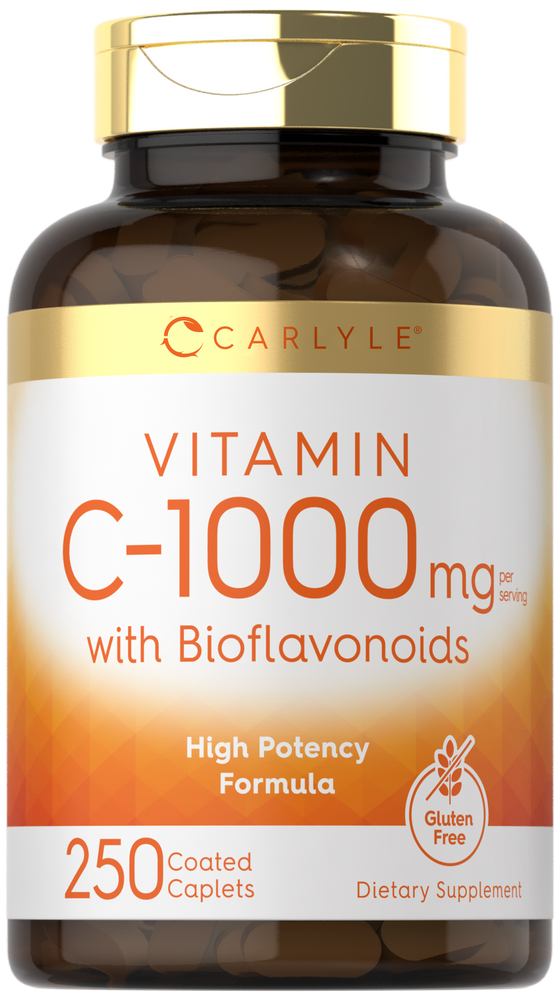 Hand holding Carlyle Vitamin C 1000 mg with Bioflavonoids, 250 Coated Caplets, showcasing the product size and packaging.