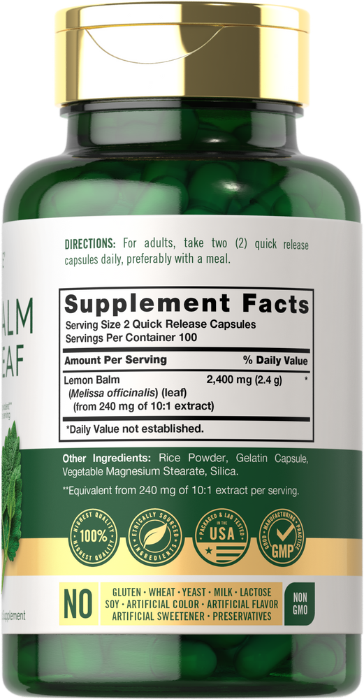 Lemon Balm Melissa Leaf 2400mg per serving | 200 Capsules