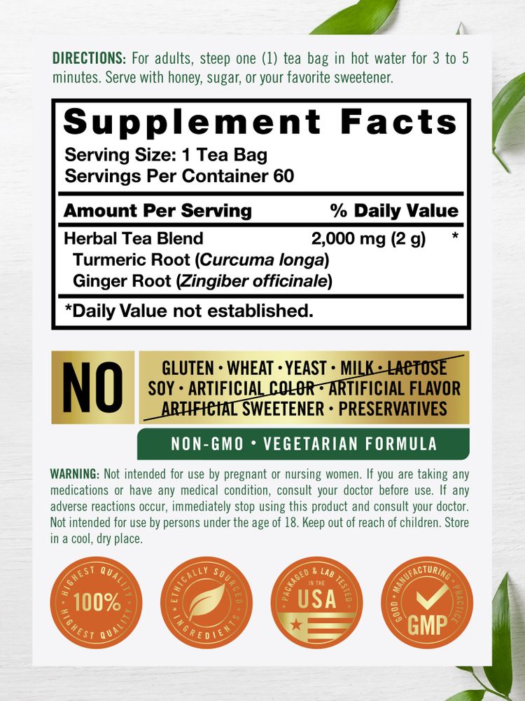 Saquinhos de Chá de Cúrcuma com Gengibre | 60 Saquinhos