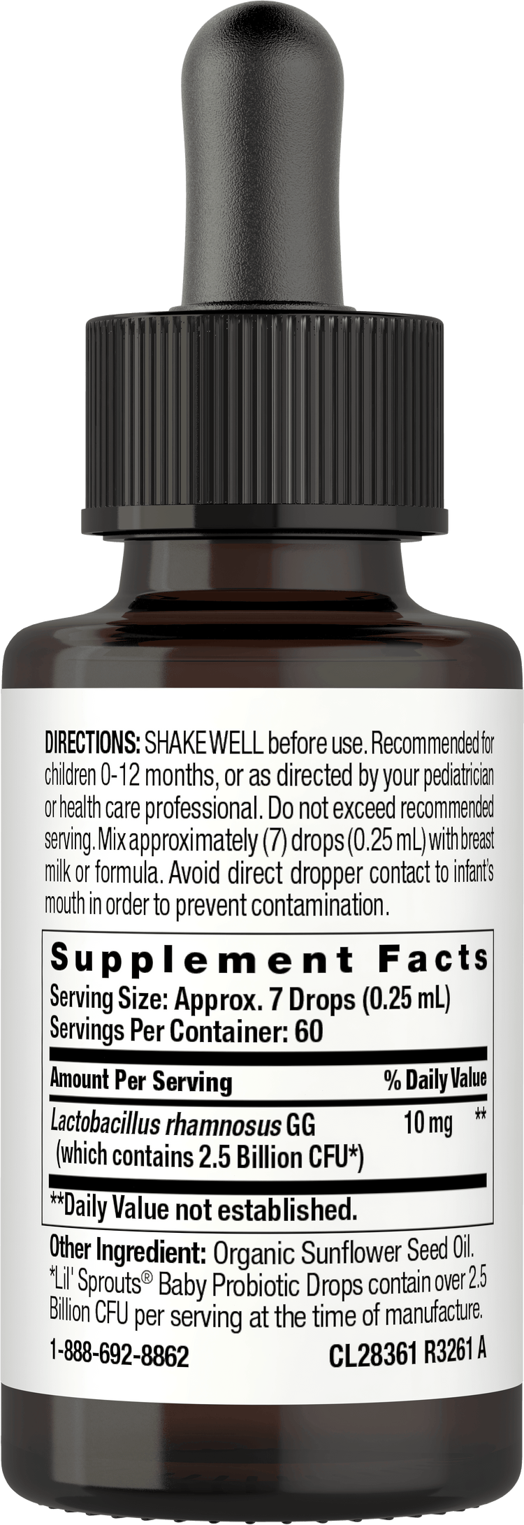 CL Baby Probiotic supplement facts panel detailing ingredients and nutritional information.