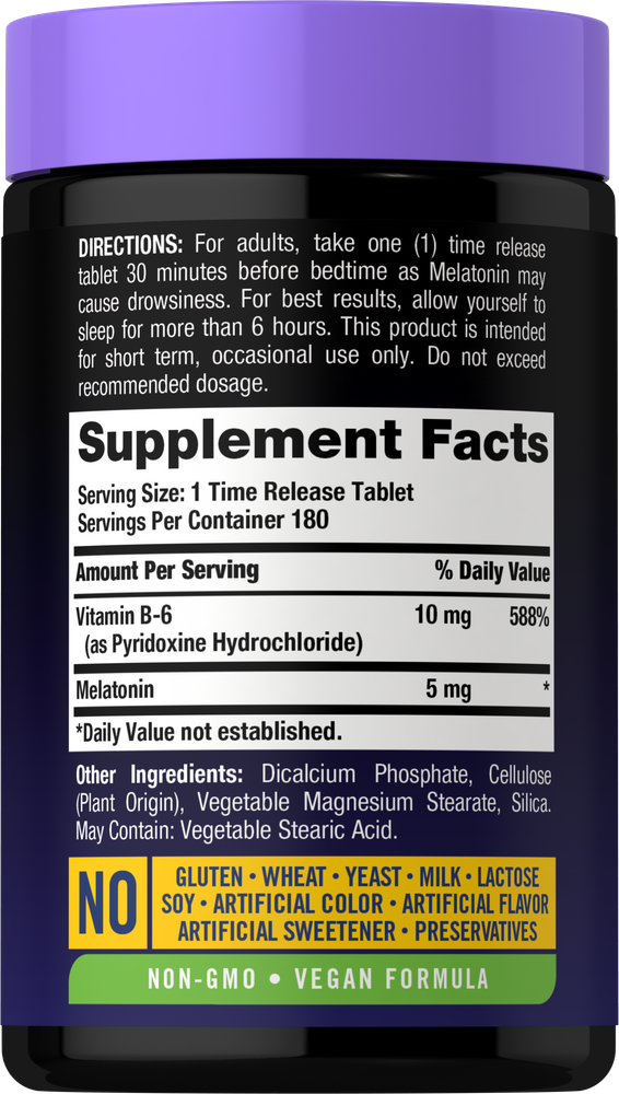 The Supplement Facts panel displays details for Sustained Release Melatonin 5mg, 180 tablets.