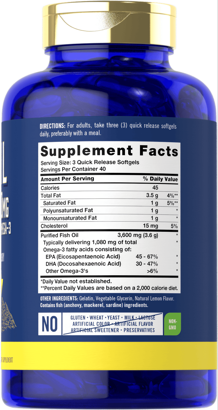 Aceite de Pescado 3600 mg con Omega-3 1080 mg por porción | 120 Cápsulas Blandas