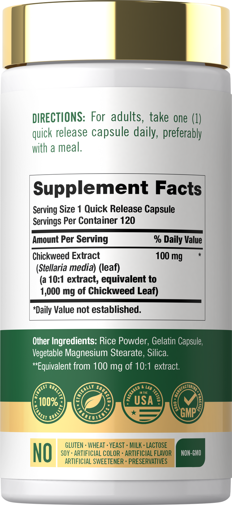 Carlyle Chickweed 1000 mg (from 10:1 extract) in 120 quick-release capsules.