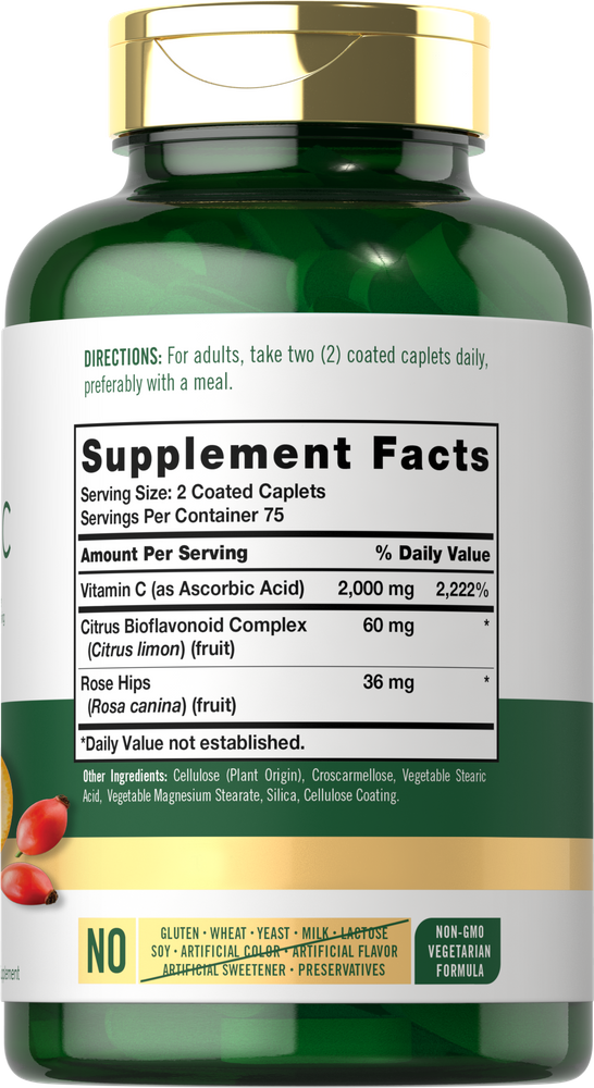 Vitamine C 2000mg par portion avec Cynorrhodons & Bioflavonoïdes | 150 Caplets