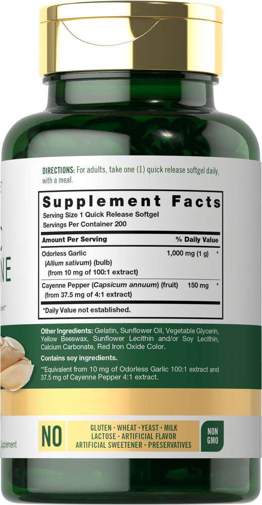 Alho Sem Odor & Cayenne 1150 mg | 200 Cápsulas Gelatinosas
