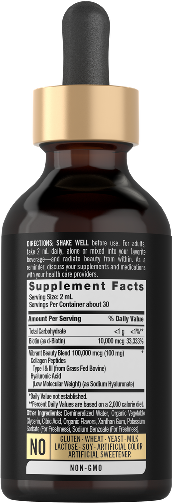 A dropper bottle labeled CL Collagen Biotin Hyal Liquid, 2 fl oz, viewed on a hand-scale for size reference.