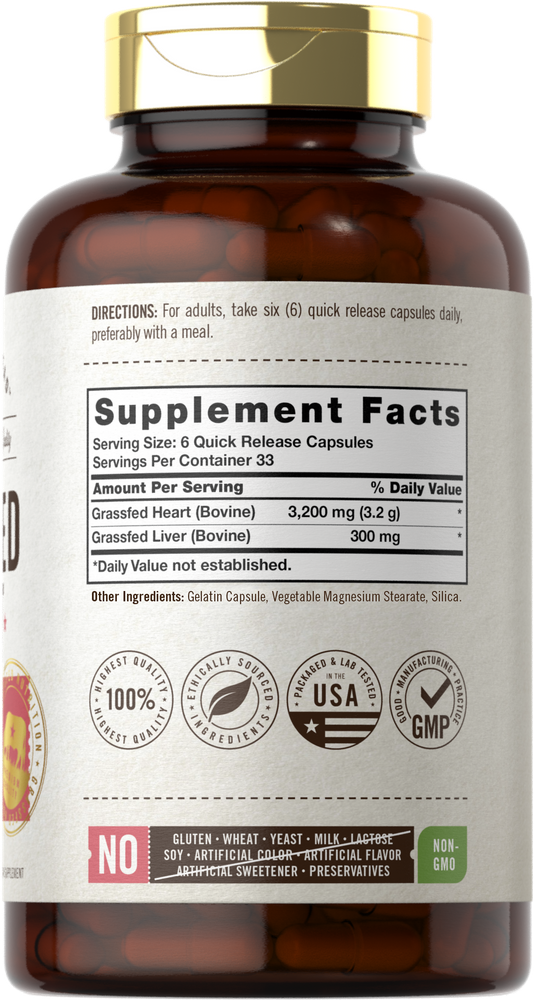 Corazón de Res Alimentado con Pasto 3200 mg por porción | 200 Cápsulas