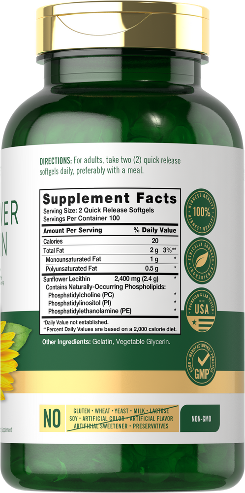 Lecitina de Girasol 2400mg por porción | 200 Cápsulas Blandas