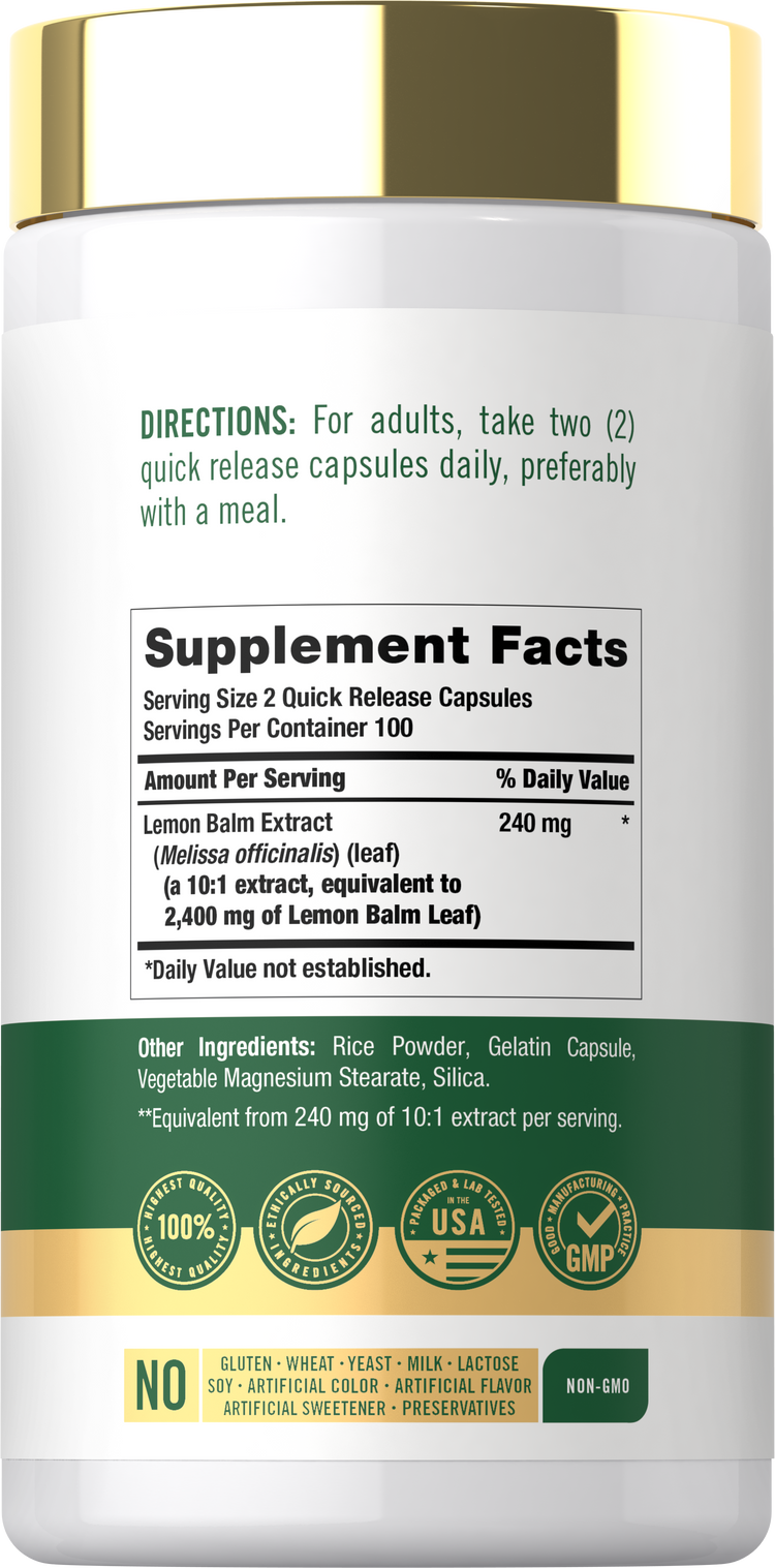 Supplement Facts panel for Carlyle Melissa Lemon Balm Leaf, 2400 mg per serving, 200 capsules.
