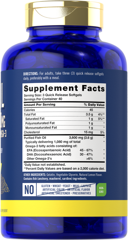 Óleo de Peixe 3600mg com Ômega-3 1080mg por porção | 120 Cápsulas