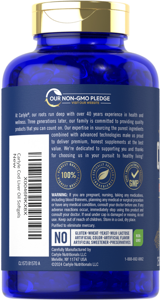 Aceite de Hígado de Bacalao 1245 mg por porción | 250 Cápsulas Blandas