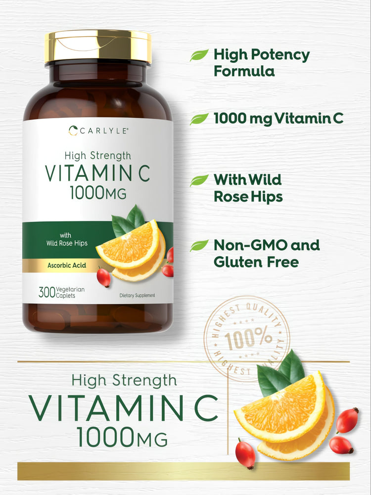 Hand holding bulk bottle of Vitamin C 1000MG, containing 300 vegetarian caplets, emphasizing supplement size and plant-based ingredients.
