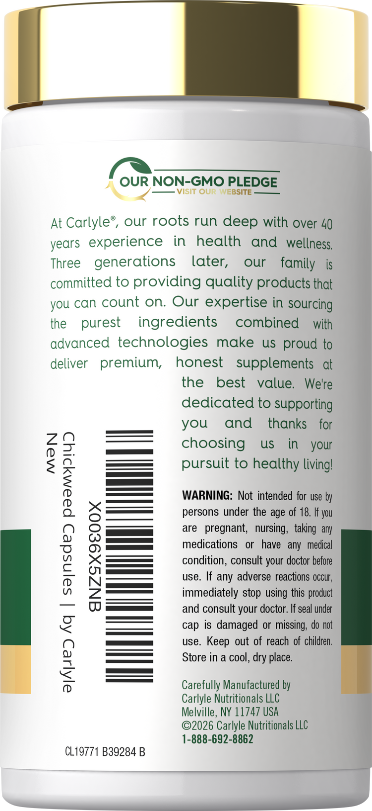 Carlyle Chickweed supplement, 1000 mg per serving, 120 capsules bottle.