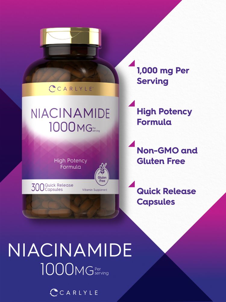 Bottle of Niacinamide 1000 mg containing 300 quick release capsules shown on a scale.