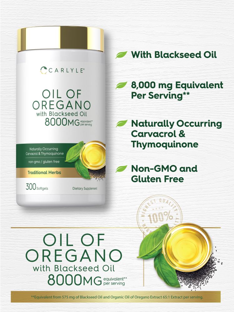 Aceite de Orégano con Aceite de Semilla Negra | 300 Cápsulas Blandas