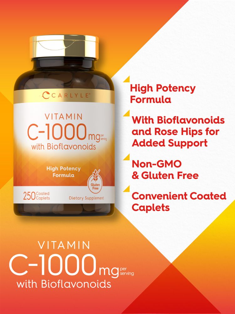Carlyle Vitamin C-1000mg caplets with Bioflavonoids, 250 count, shown in a hand for size reference.