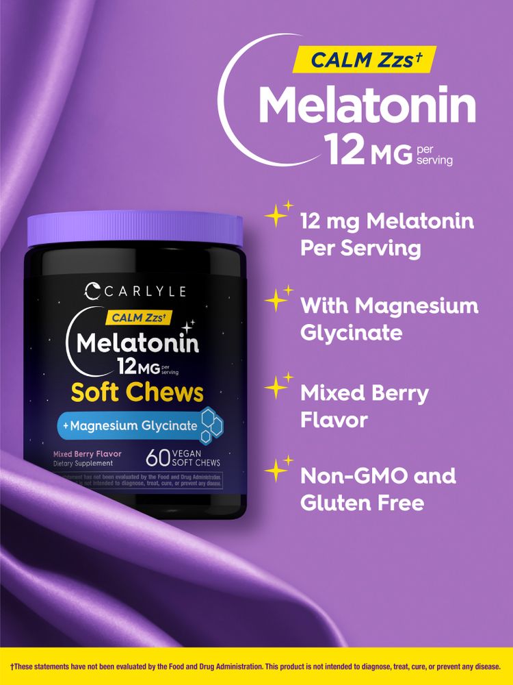 Carlyle Melatonin 12 MG Soft Chews, 60 vegan chews containing Magnesium Glycinate, shown on hand scale.