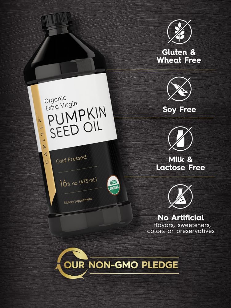 Pumpkin Seed Oil bottle: Gluten & Wheat Free, Soy Free, Milk & Lactose Free, No Artificial Flavors/Sweeteners/Colors/Preservatives, OUR NON-GMO PLEDGE