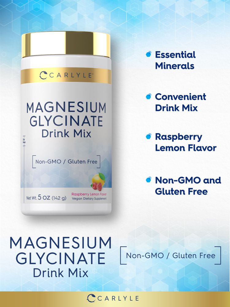 Magnesium Glycinate Drink Mix jar with Raspberry Lemon Flavor, Net Wt. 5 OZ (142 g), Non-GMO and Gluten Free label.