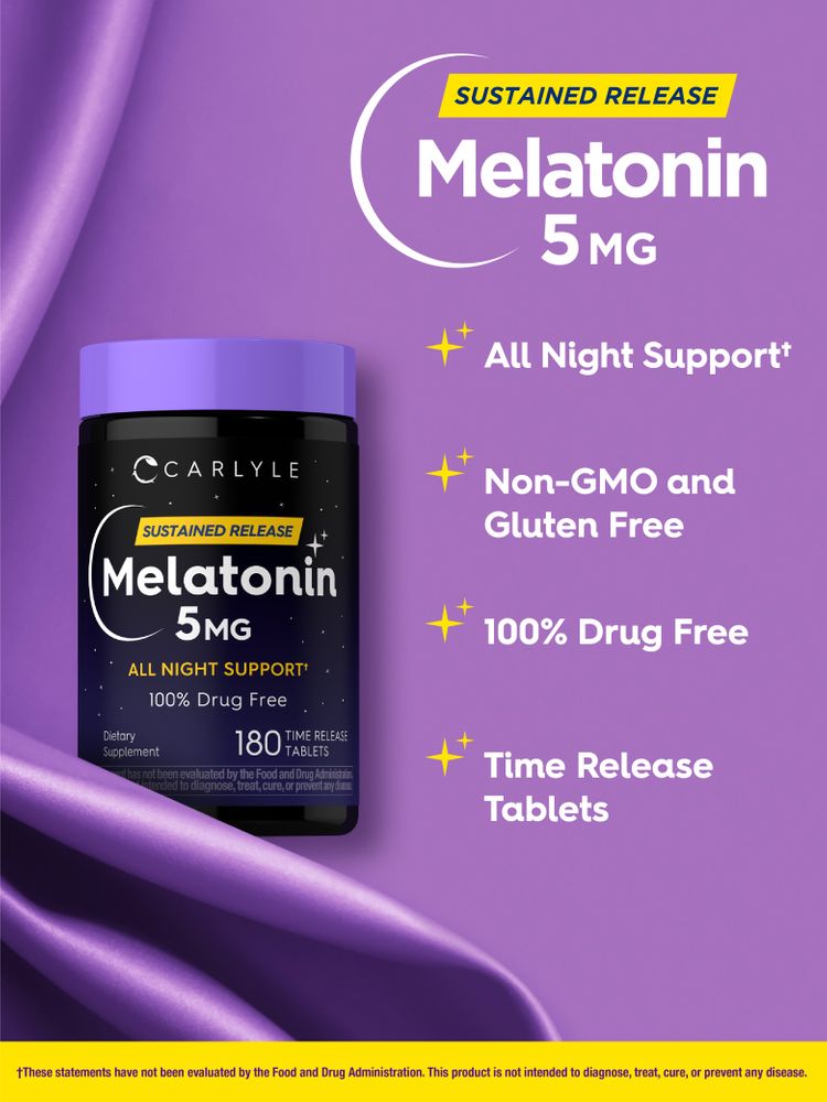 A hand holding a bulk bottle of 180 Melatonin 5 MG Time Release Tablets.