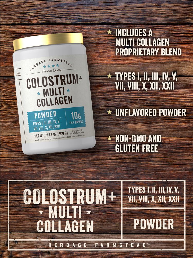 Colostrum + Multi Collagen Powder in a 10.58 oz (300 g) jar, held in a hand to show scale.