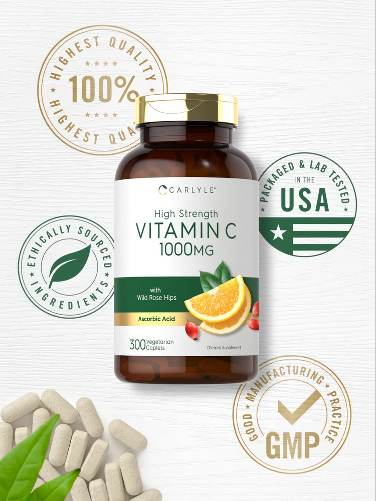 A bulk supply of Carlyle Vitamin C 1000 mg features 300 vegetarian caplets for immune support.