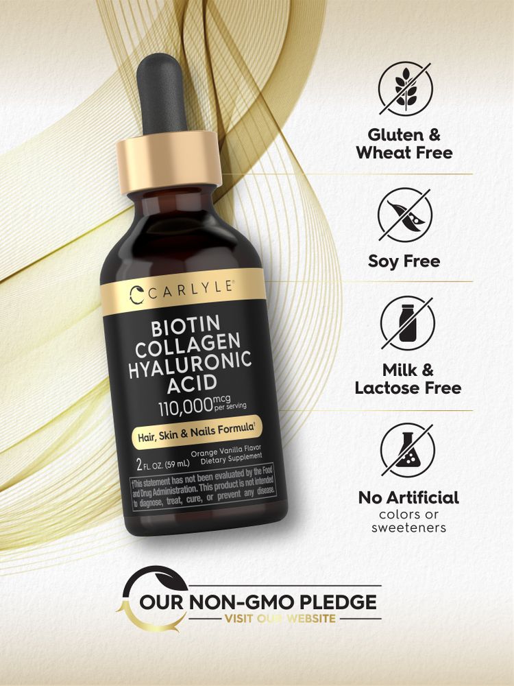Collagen Biotin Hyal Liquid bottle: Gluten & Wheat Free, Soy Free, Milk & Lactose Free, No Artificial colors or sweeteners, Our Non-GMO Pledge.