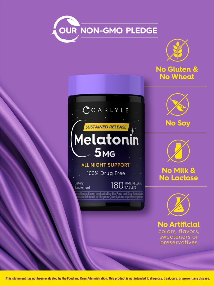 Melatonin bottle: Non-GMO, No Gluten & No Wheat, No Soy, No Milk & No Lactose, No Artificial Colors/Flavors/Sweeteners/Preservatives