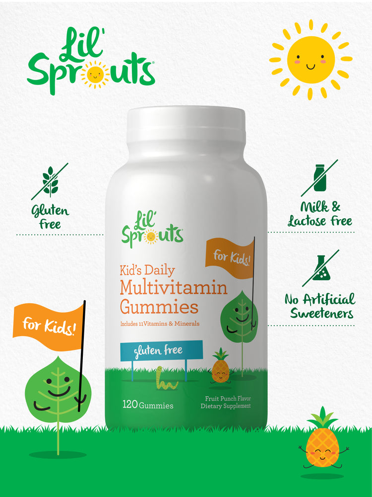 Kids Multivitamin Gummies bottle with icons indicating gluten free, milk and lactose free, no artificial sweeteners.