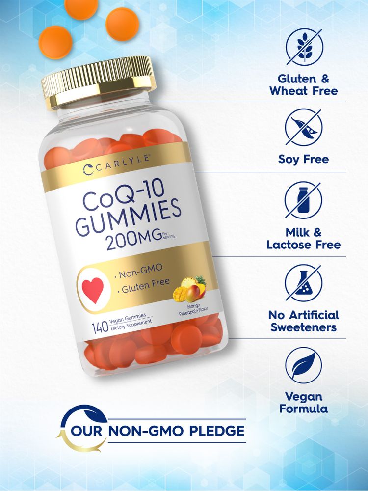 Clear bottle of CoQ-10 200mg orange gummies with three loose gummies. Contains 140 vegan gummies.