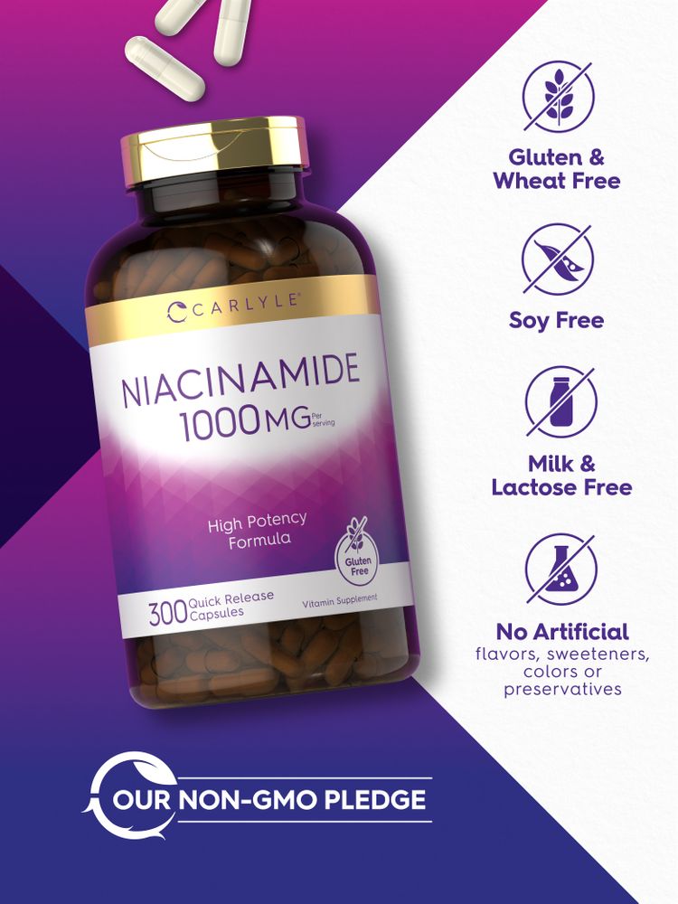 Niacinamide 1000 mg bottle with 300 quick release capsules and white capsules scattered around.
