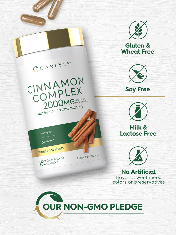 Cinnamon Complex bottle with icons indicating Gluten Free, Soy Free, Milk Free, No Artificial Additives, Non-GMO attributes.