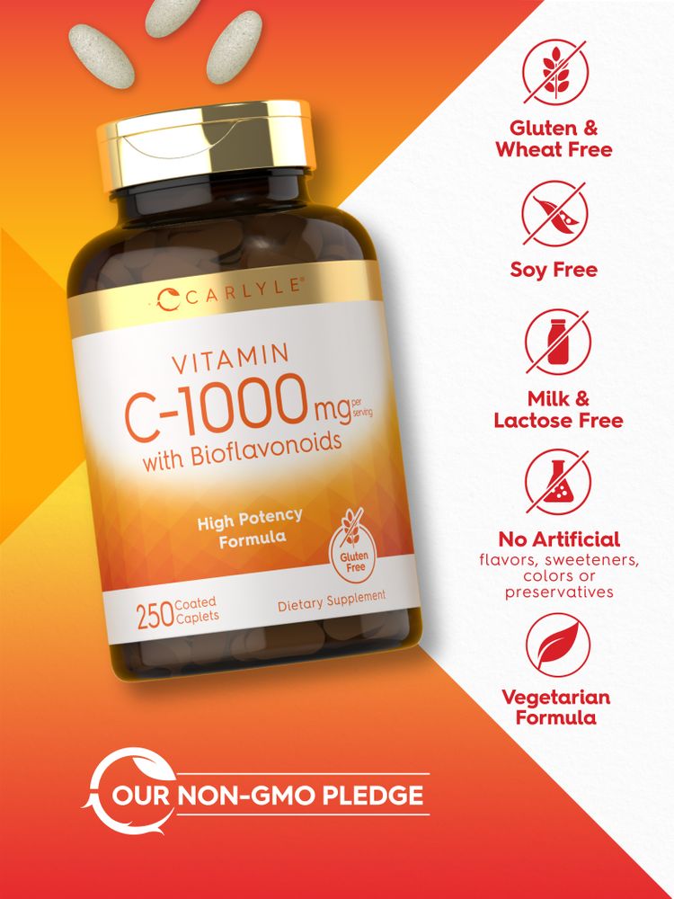 A hand holding Vitamin C 1000 mg caplets with Bioflavonoids, highlighting the product's dosage and coating.