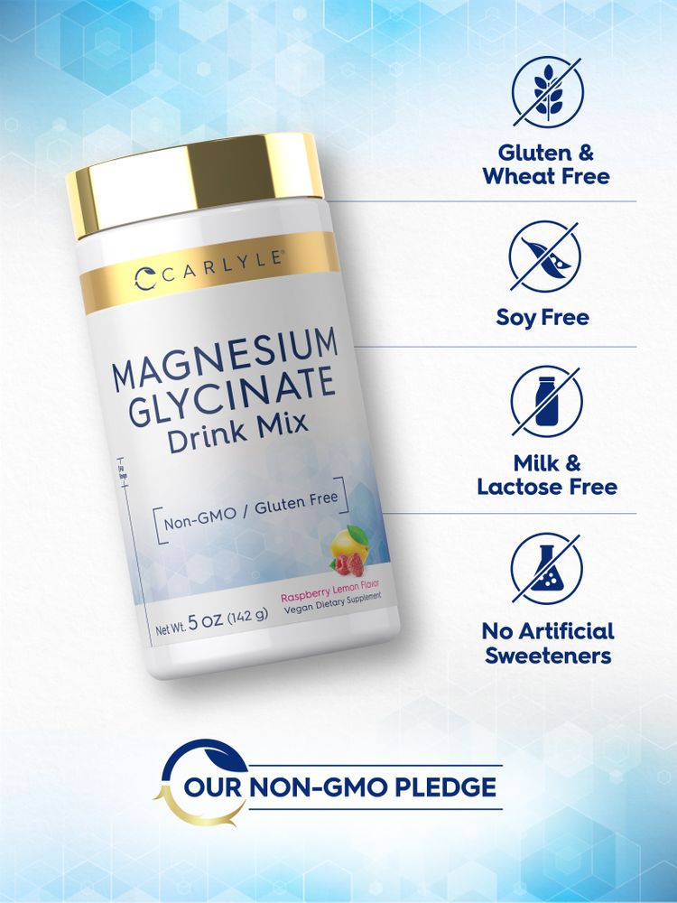 Jar of Magnesium Glycinate: Gluten, Wheat, Soy, Milk, and Lactose Free, with No Artificial Sweeteners, Non-GMO.
