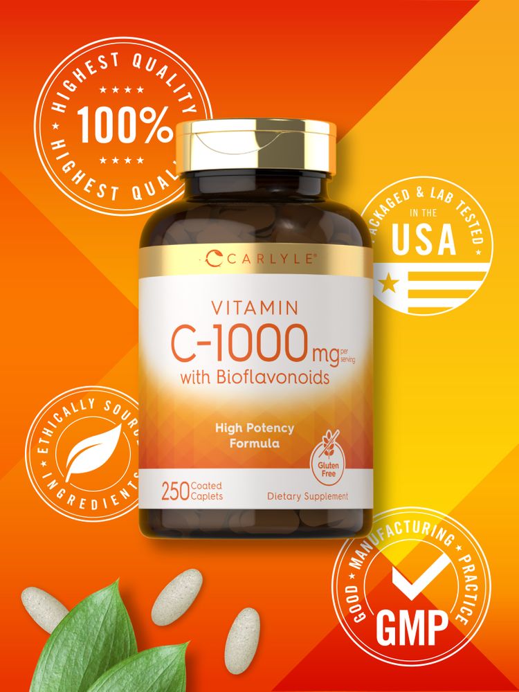 Carlyle Vitamin C-1000 mg with Bioflavonoids Coated Caplets shown on a hand scale, indicating product weight and size.