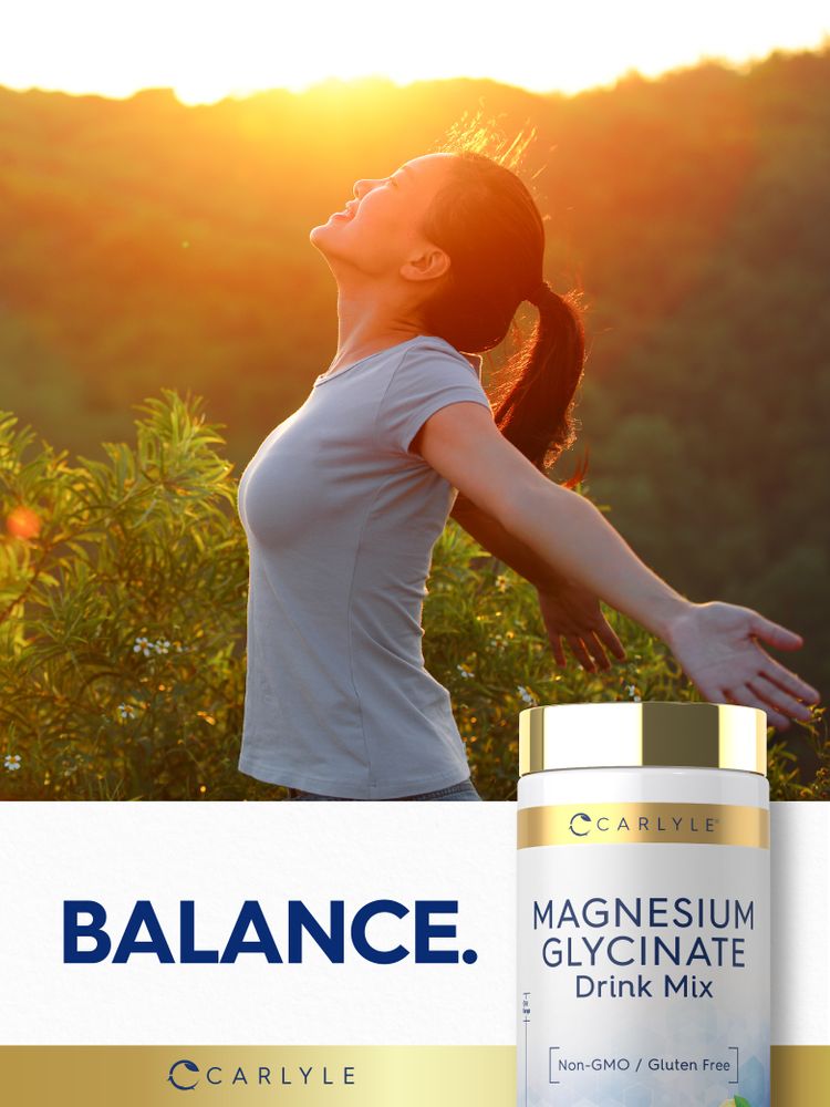 Woman with arms outstretched enjoying sunset next to Carlyle Magnesium Glycinate Drink Mix.