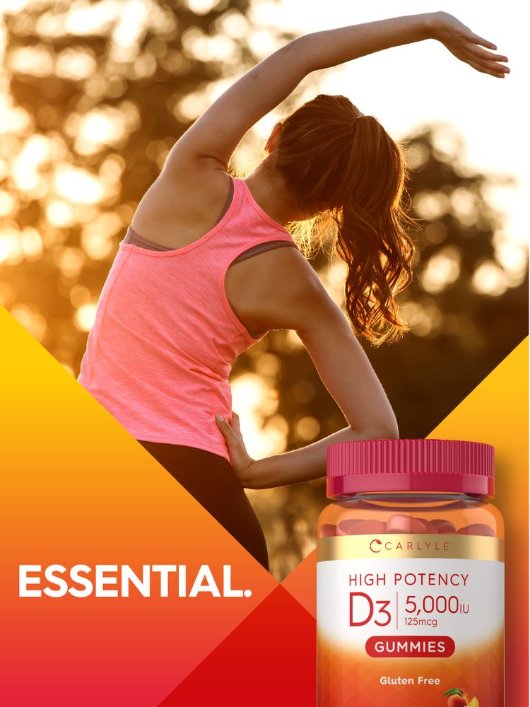 A bottle of Carlyle High Potency D3 gummies, 5,000 IU, 125mcg, is placed on a hand scale for measurement accuracy.