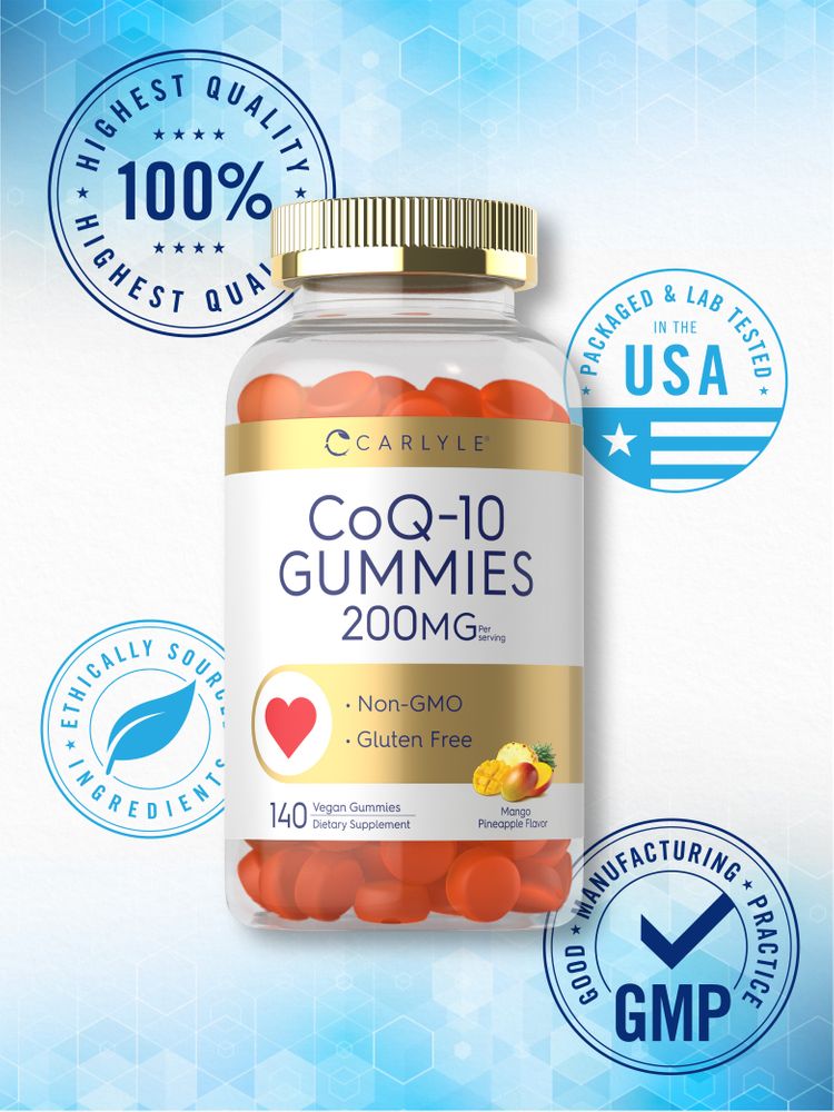Hand holding a bottle of Carlyle CoQ-10 200 mg vegan gummies, 140 count, showing product size and quantity.