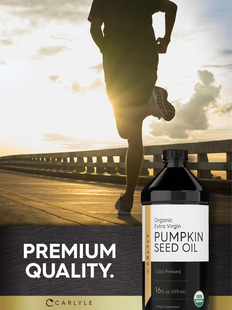 Carlyle Organic Extra Virgin Pumpkin Seed Oil in a 16 fl. oz. (473 mL) bottle shown on a bulk scale.