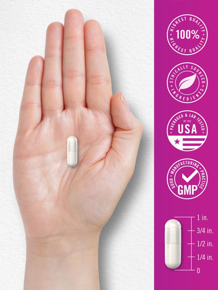 A white capsule, 1 inch long, rests on a hand with a visible measurement scale, illustrating size.