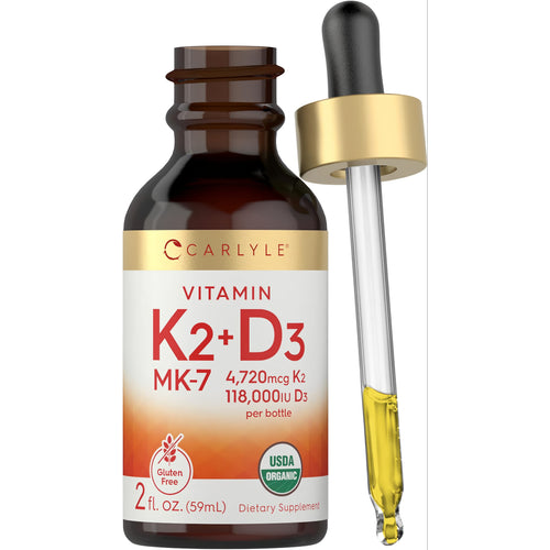 View 1 Carlyle K2+D3 MK-7 liquid, 2 fl. oz. (59mL), with 4,720mcg K2 and 118,000IU D3. Gluten Free and USDA Organic.