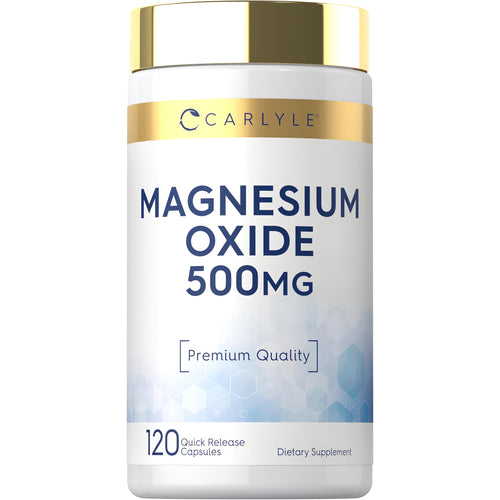 View 1 Magnesium Oxide 500mg supplement with 120 quick release capsules for health support in a product packaging.